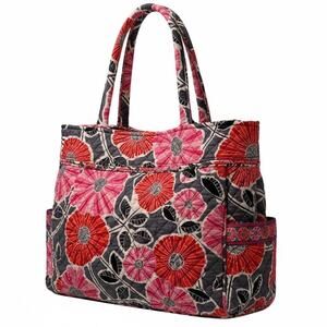 Vera Bradley Quilted Tote Bag Cheery Blossoms Floral Red Pink Gray